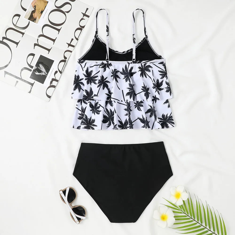 Women's high waist double-layer polyester swimsuit in black or coconut tree print.