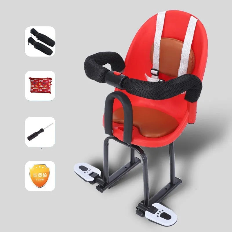 Front child safety seat for electric scooters with high carbon steel frame in black, red, or white colour
