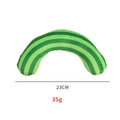 Striped pattern cat pillow measuring 23x20cm with noise toy and catnip elements in green, rainbow, or yellow colours