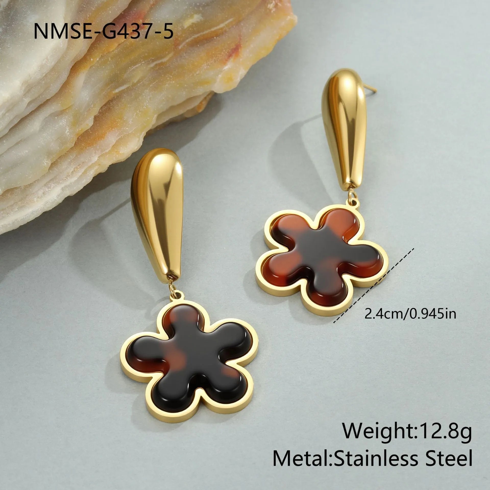Women's tortoiseshell resin earrings in hawksbill colour with 18K gold plating showing heart and flower geometric designs