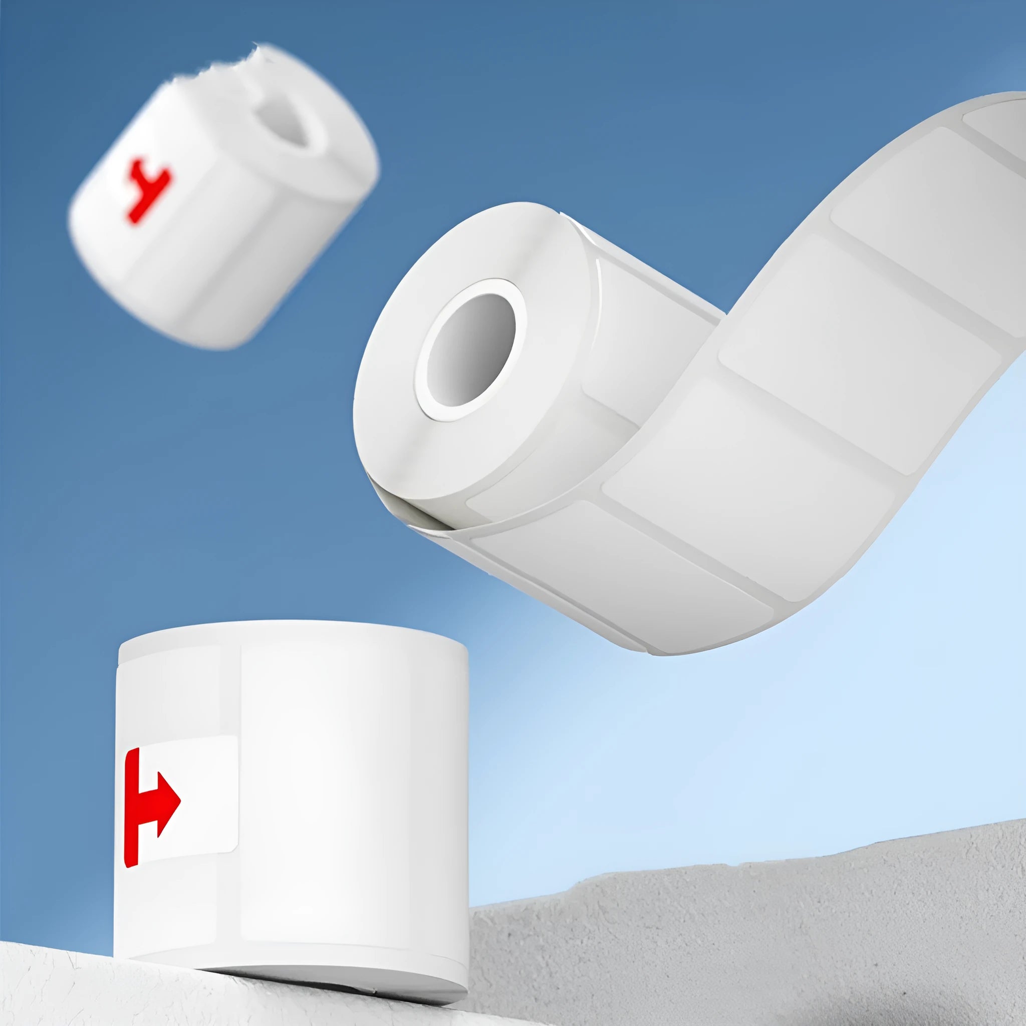 Roll of white 40x40mm thermal synthetic paper adhesive labels for retail pricing and tagging.