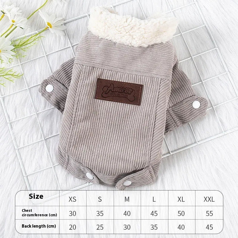 Lambswool grey padded dog vest with wool lining for winter wear, shown on a dog model.