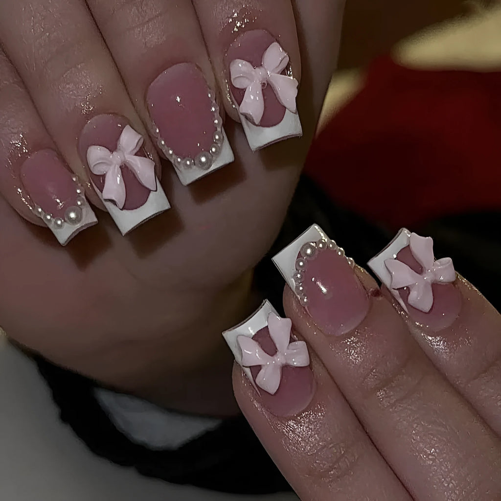 French manicure false nails with tulip, bow, starry sky and leopard print patterns in short square shape