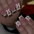 French manicure false nails with tulip, bow, starry sky and leopard print patterns in short square shape