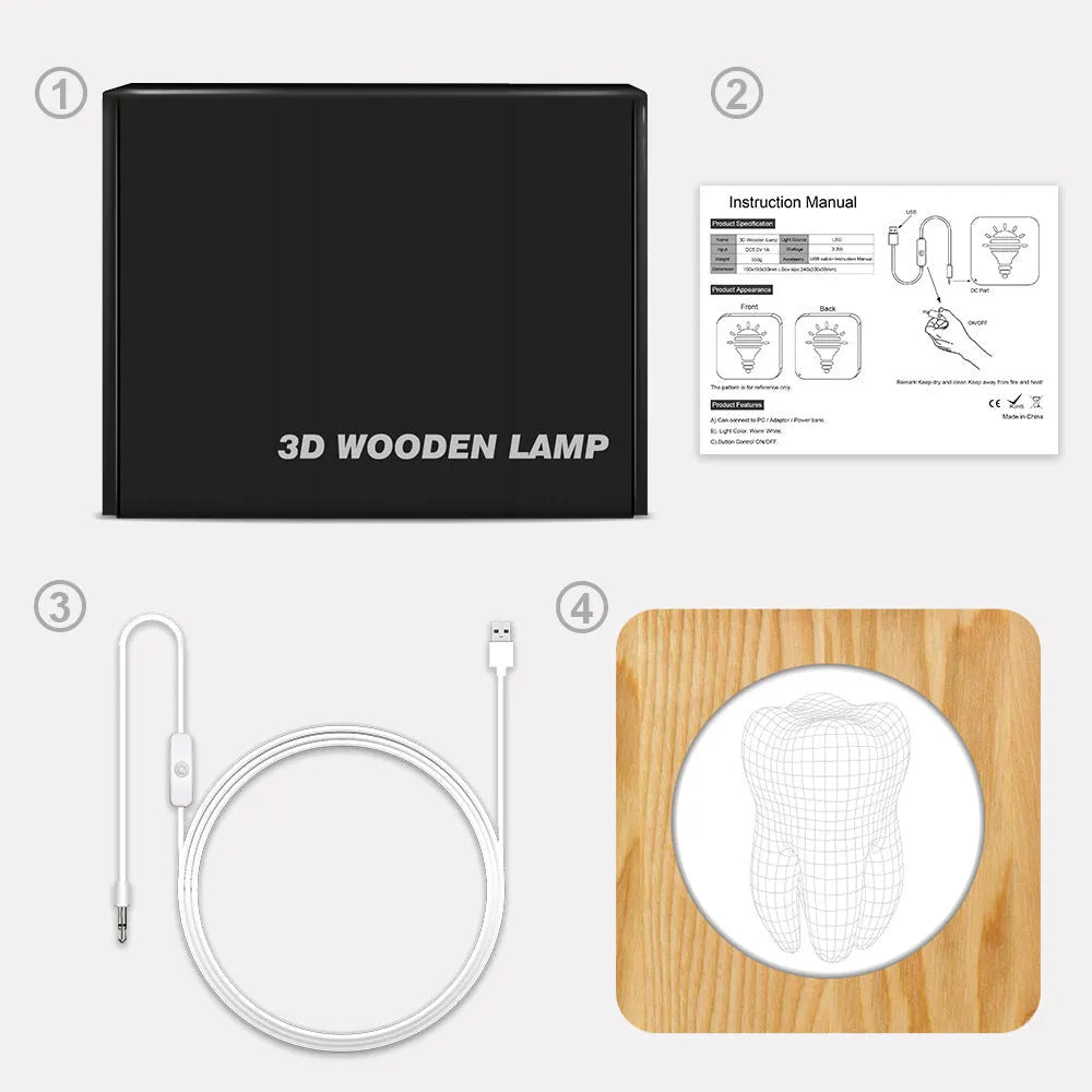 Tooth-shaped wood colour acrylic night light with USB cable, showing 190x190x30mm dimensions