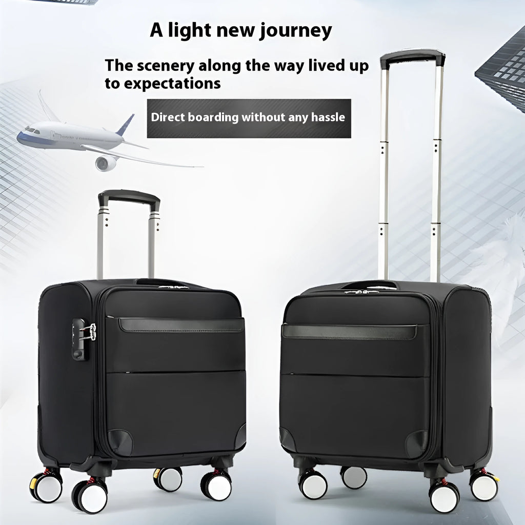 Black 18-inch Oxford cloth boarding suitcase with universal wheels and retractable handle