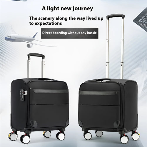 Black 18-inch Oxford cloth boarding suitcase with universal wheels and retractable handle