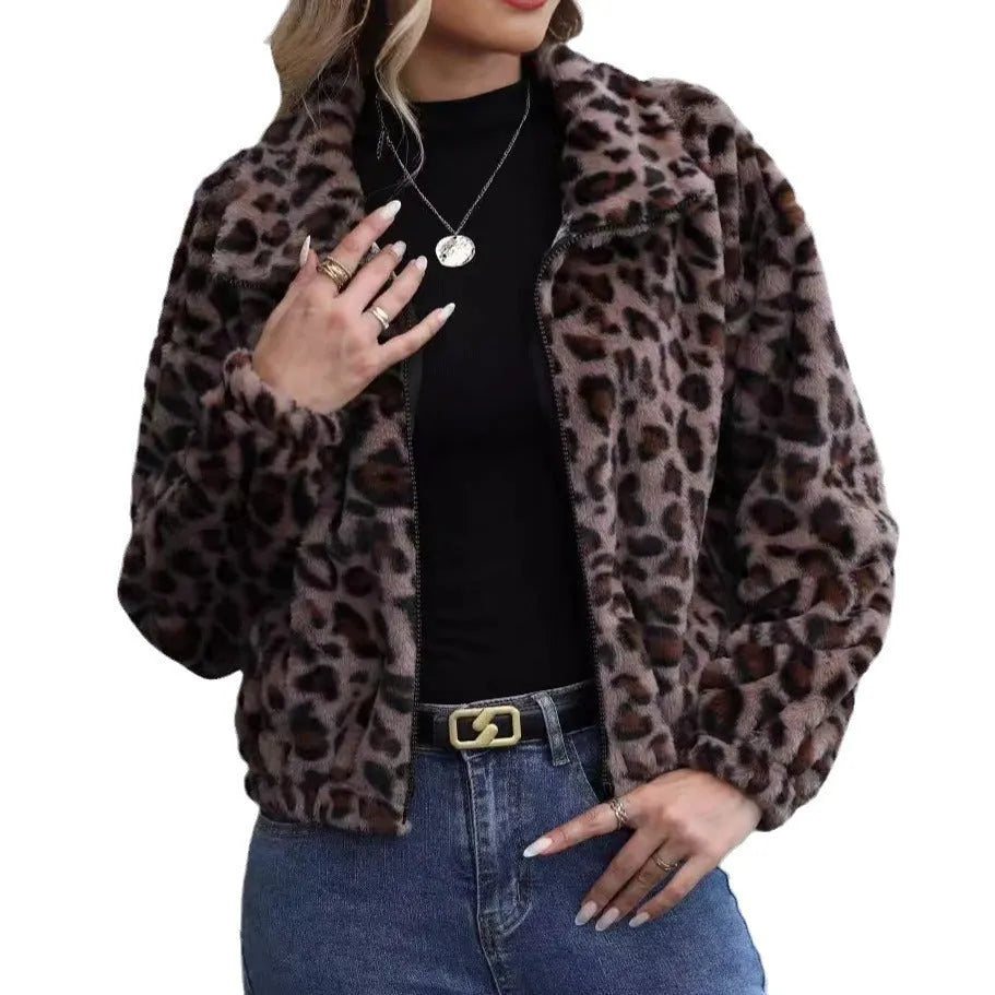 Women's loose fit leopard print plush coat with zipper front and raglan sleeves