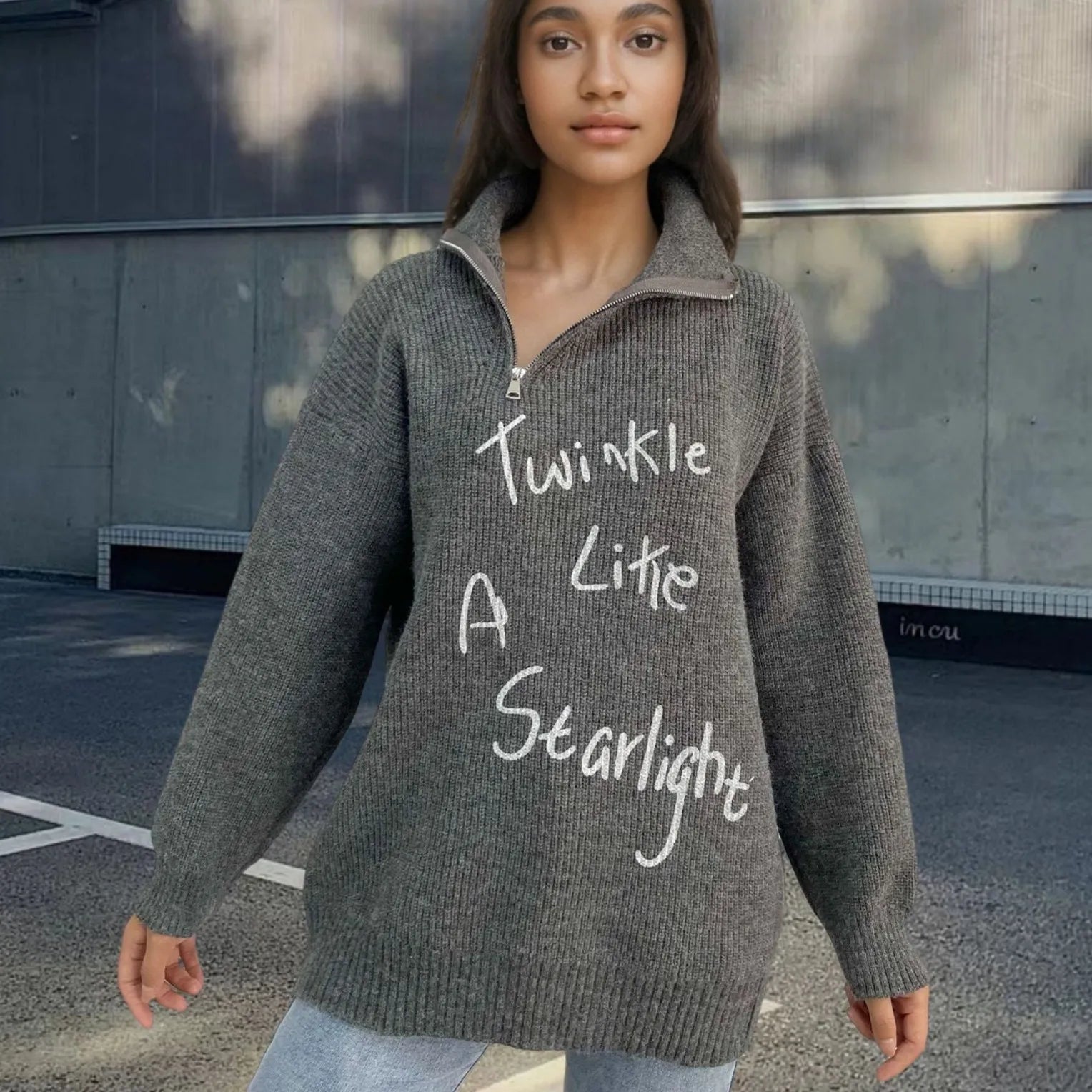Women's light khaki alpaca wool pullover sweater with diagonal zipper and loose lapel collar