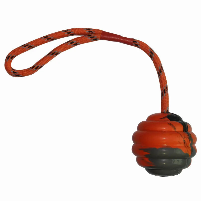 Rubber dog training ball with rope knot texture in assorted colours
