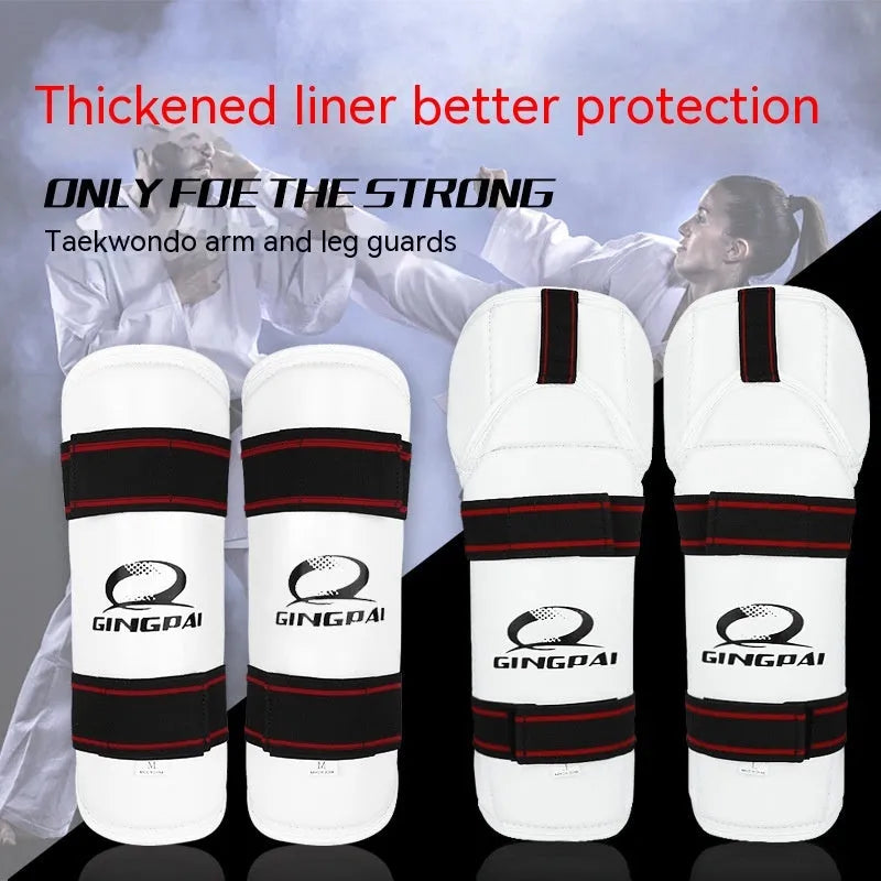 Taekwondo protective gear set showing arm guards, elbow guards, and leg protectors in multiple sizes