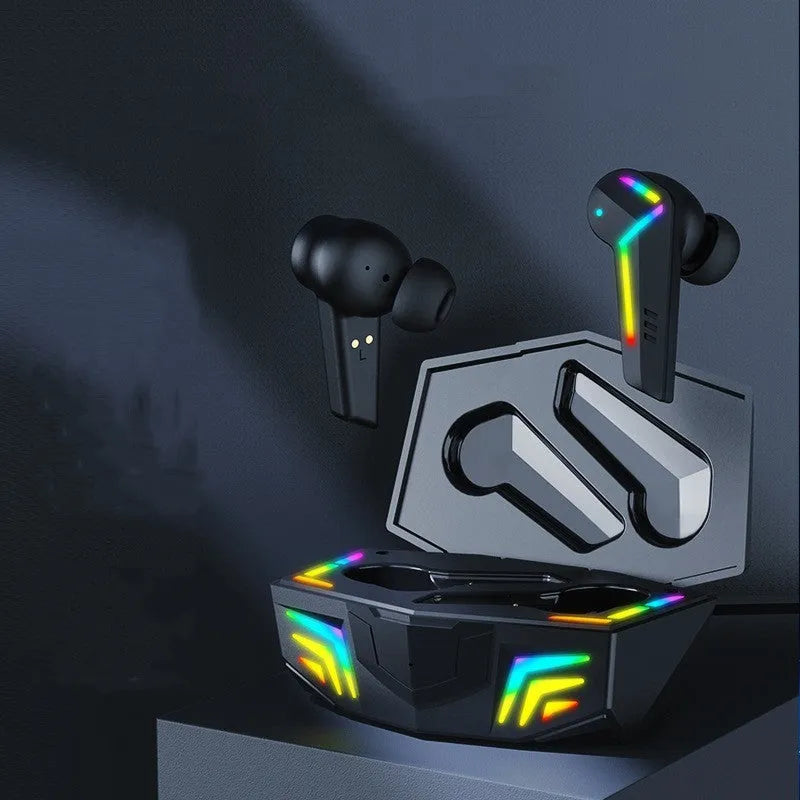 Small black TWS Bluetooth earbuds with low latency for gaming and sports.