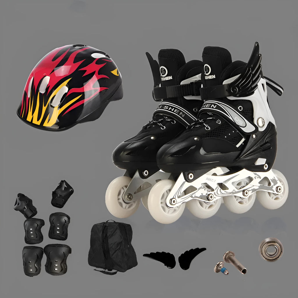Child's adjustable roller skates in yellow with PU foam wheels, aluminium frame, and full set of protective gear including helmet.