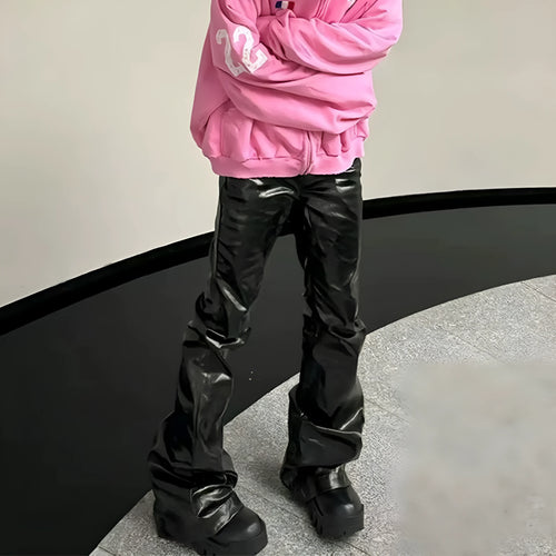 Black shiny patent leather skinny jeans with straight leg cut and mid waist fit