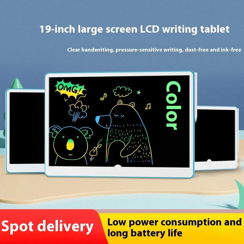 19-inch rechargeable LCD children's drawing board with stylus in blue and white colour