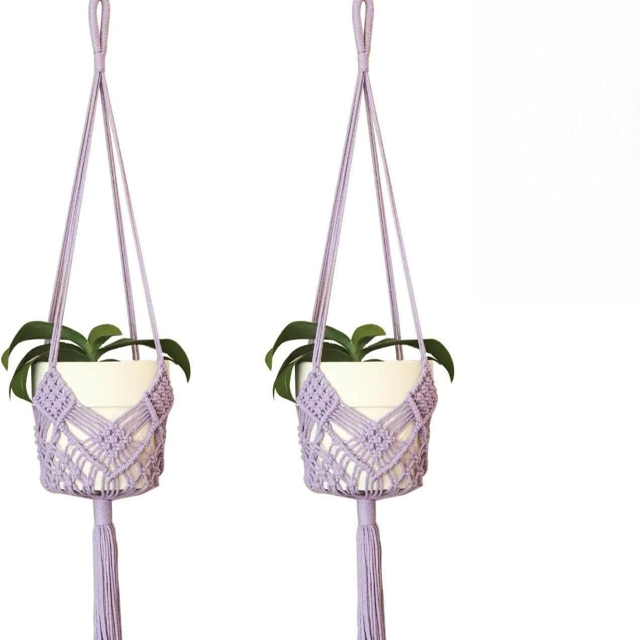 Minimalist hand-woven flower pot in polyester cotton fabric with net pocket design in brown colour