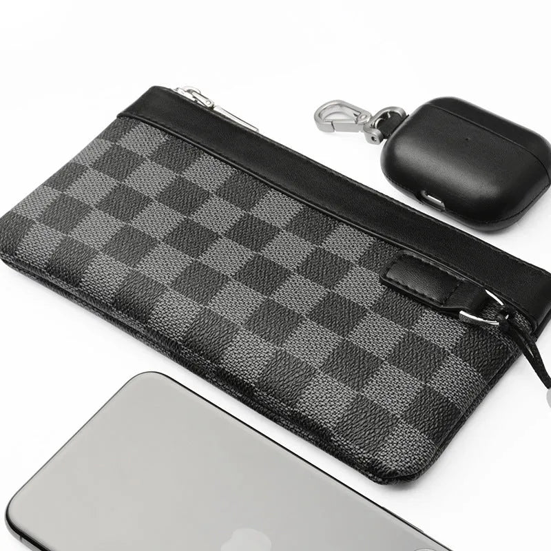 Black men's cowhide leather clutch wallet showing front view with dimensions 20x10 cm.