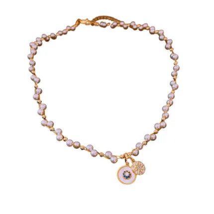 Gold electroplated zircon and imitation pearl pendant necklace with adjustable clavicle chain