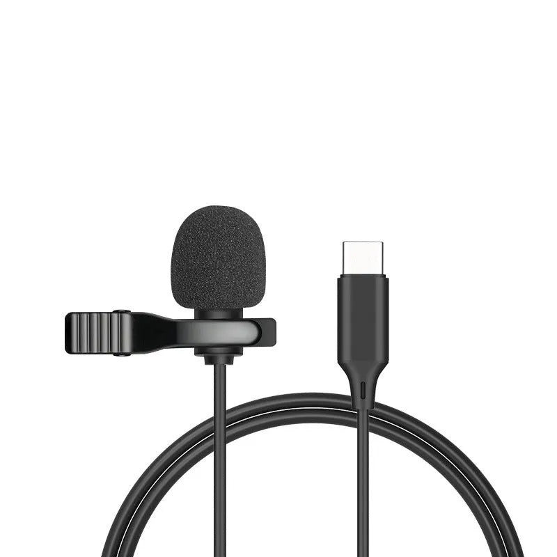 Wired lavalier microphone headset with in-ear headphones and 3.5mm plug for mobile phone recording.