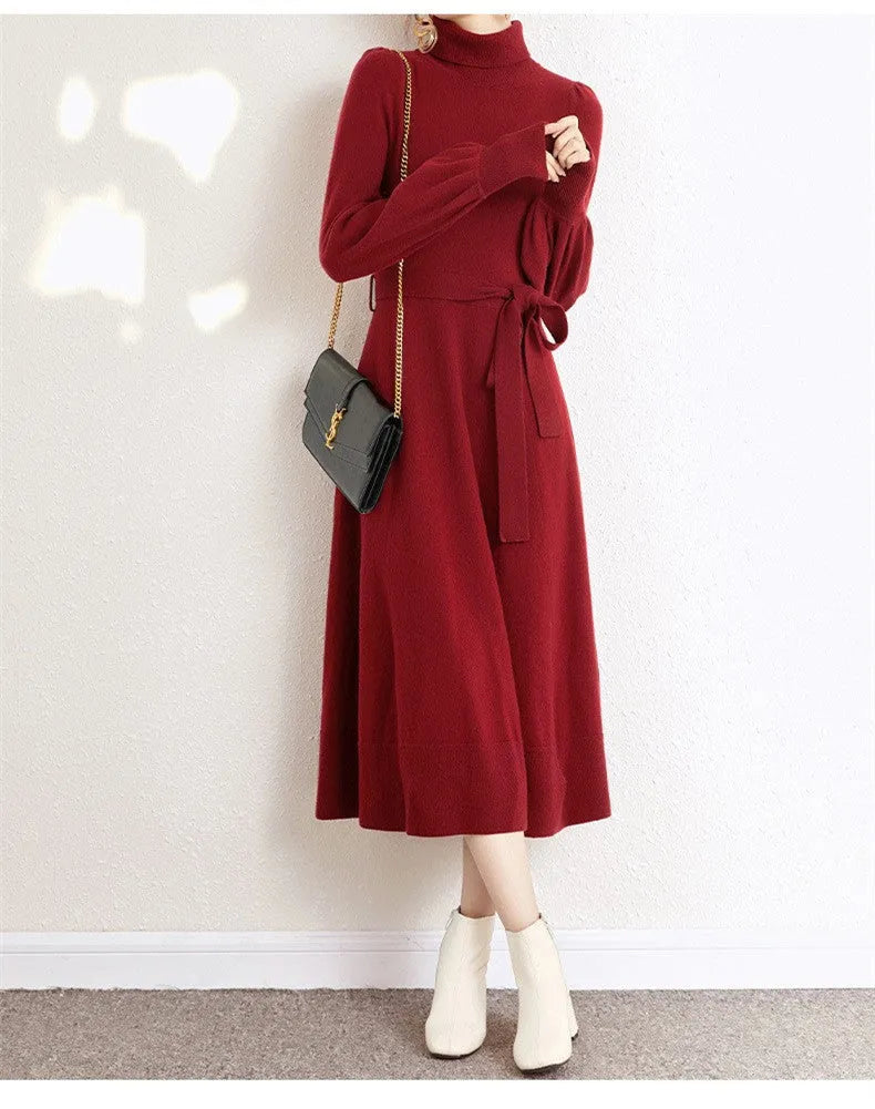 Knitted turtleneck dress with mid-length sweater skirt design and elastic waistband