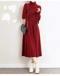 Knitted turtleneck dress with mid-length sweater skirt design and elastic waistband