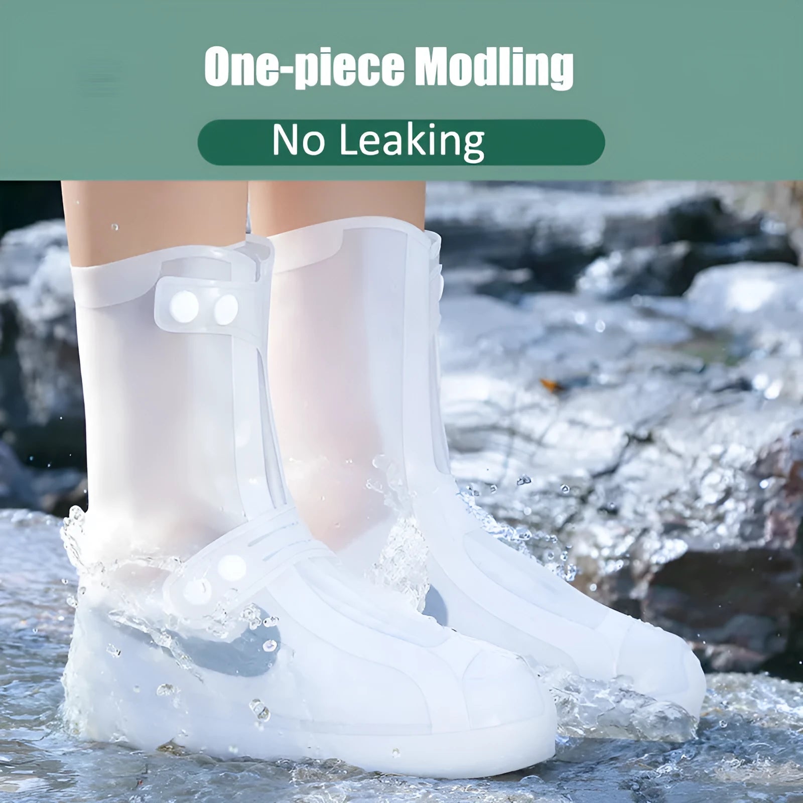 White high top PVC reusable waterproof shoe cover for women, shown on a foot.
