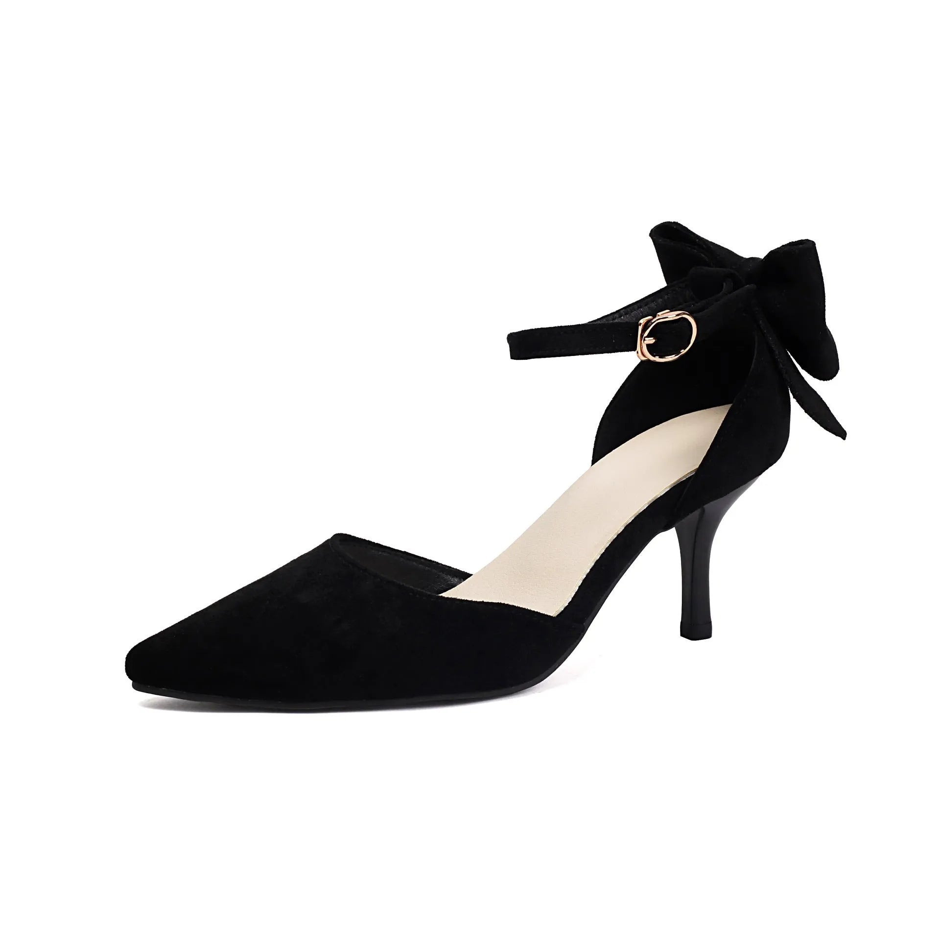 A pair of black suede stiletto high heels with a pointed toe and an ankle buckle.