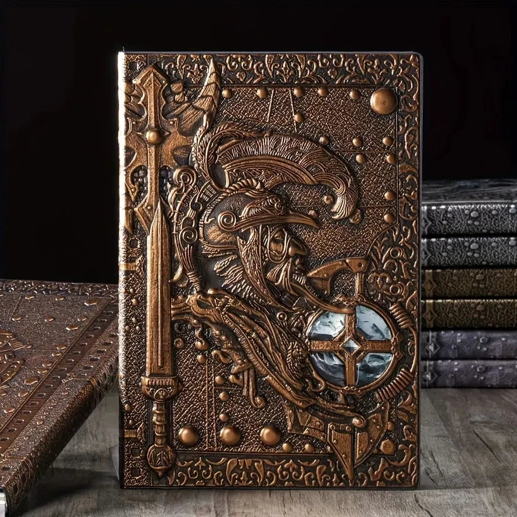 A5 leather notebook with 3D embossed warriors relief design in bronze, red bronze, silver, and multicolor colours.