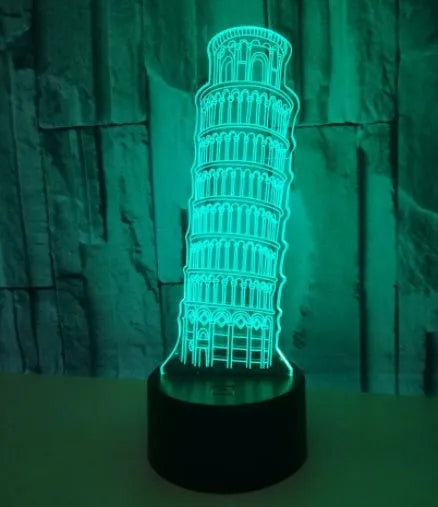 3D acrylic Leaning Tower of Pisa LED nightlight with seven colour lighting on black base