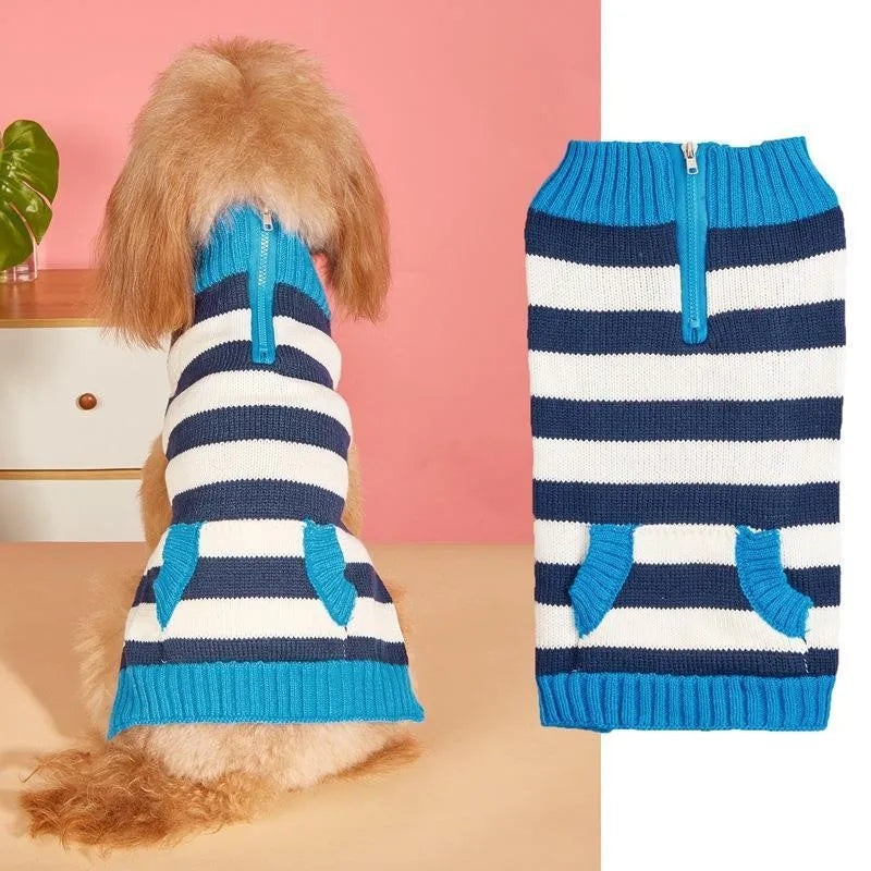 Grey dog sweater with horizontal zipper and button-accented pockets for small medium breeds