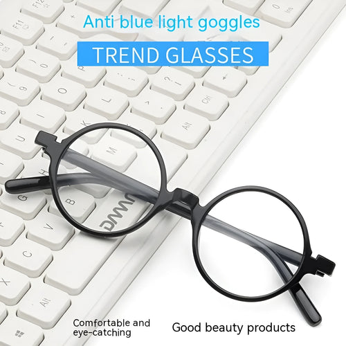 Artistic retro round flat mirror glasses in bright black, sand black, tofu pudding, and transparent grey colour options