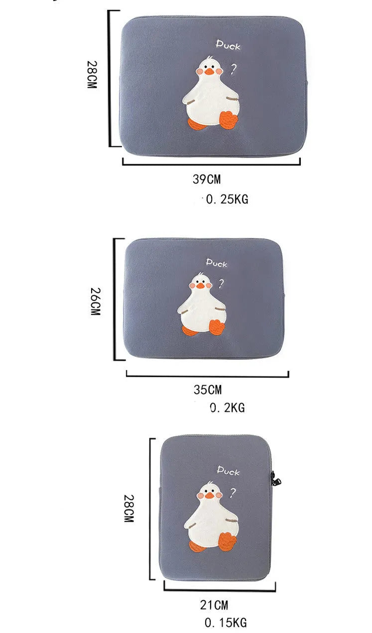 Blue cotton tablet case with embroidered cartoon duck design and a zipper.