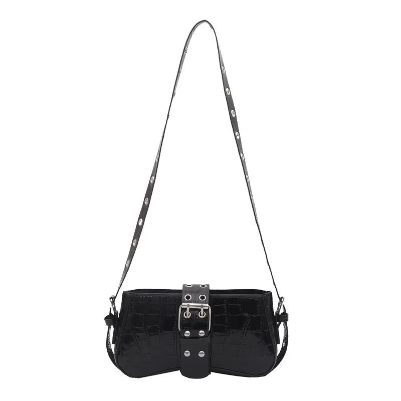 Vertical rectangle PU underarm bag with stitched patchwork, single shoulder strap, available in black, gold, white