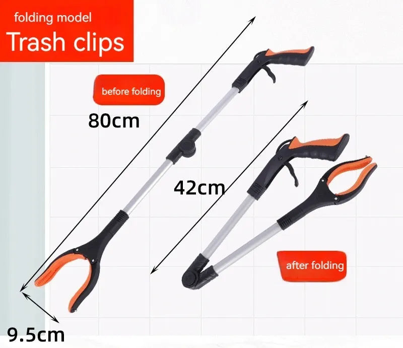 Folding aluminium rubbish clamp with extended arm and magnetic pick-up head in blue handle colour