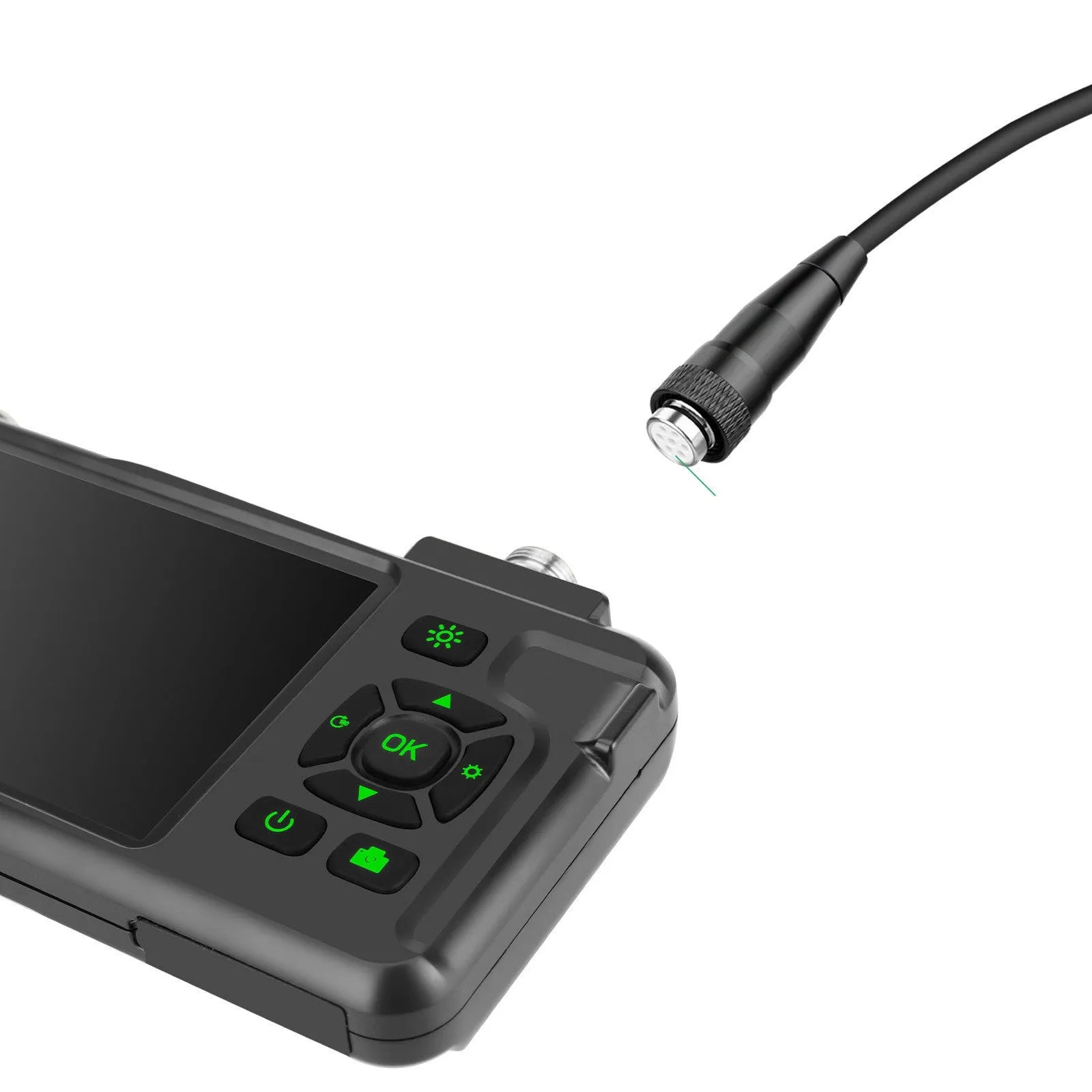 Handheld industrial endoscope with 4.5-inch screen and a 5.5mm camera probe on a 1-metre cable for pipeline inspection