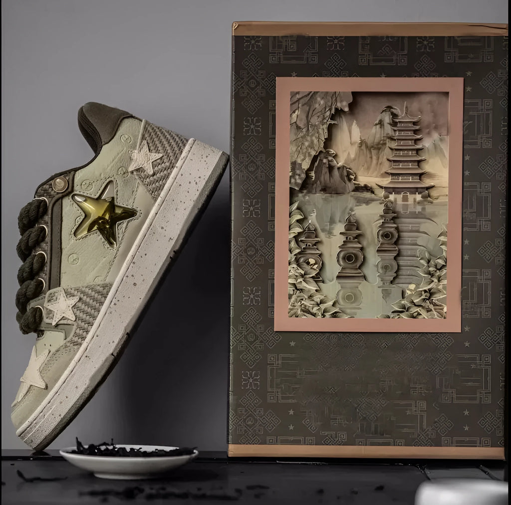 Green low-top casual trainers with star pattern stitching and a white rubber sole.