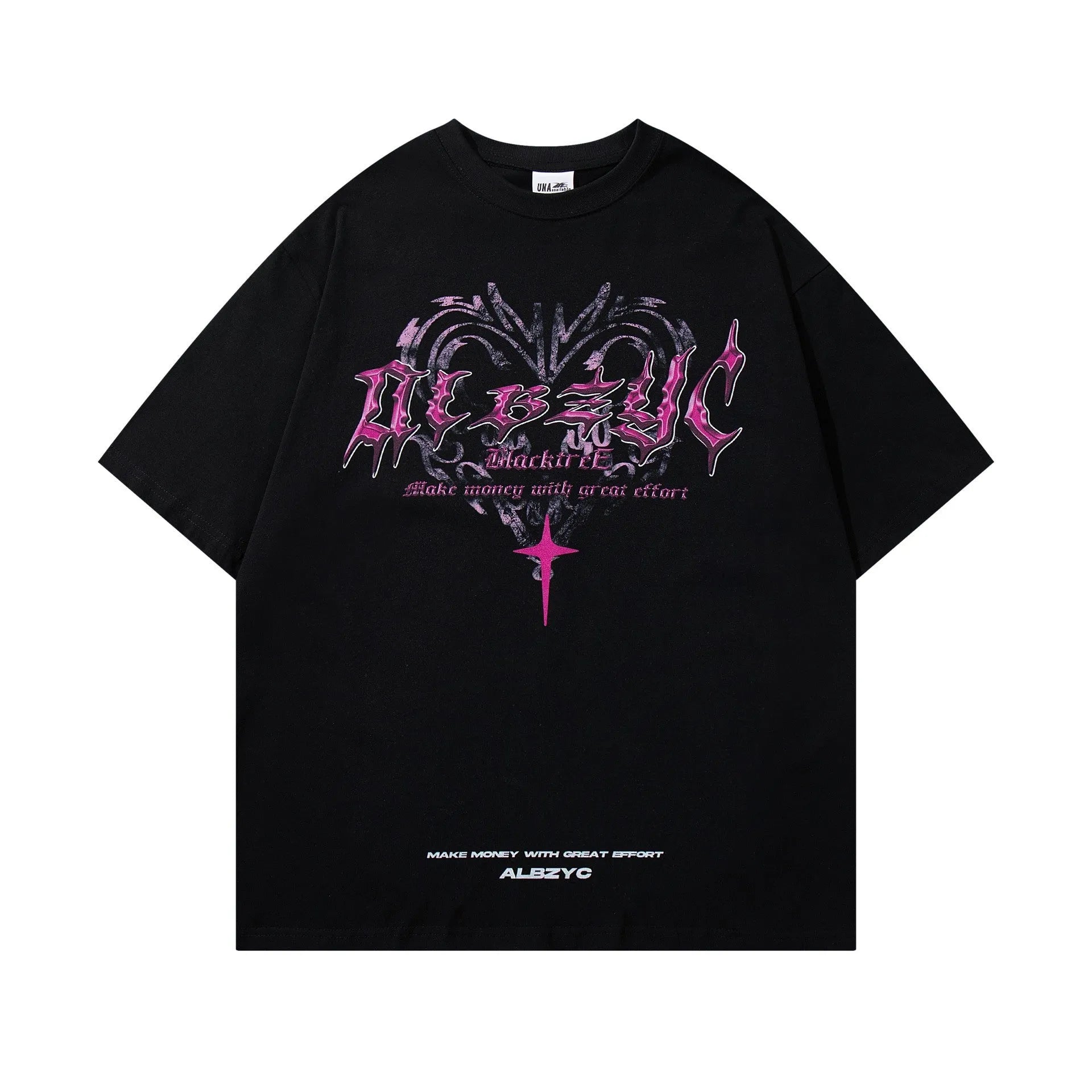 Men's black cotton T-shirt with a retro graphic print, showing loose fit and short sleeves.