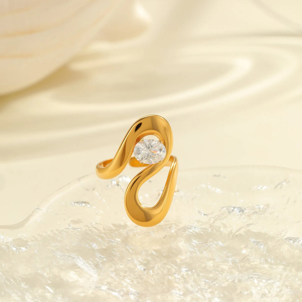 Geometric open mouth zircon ring showing adjustable design and electroplated finish