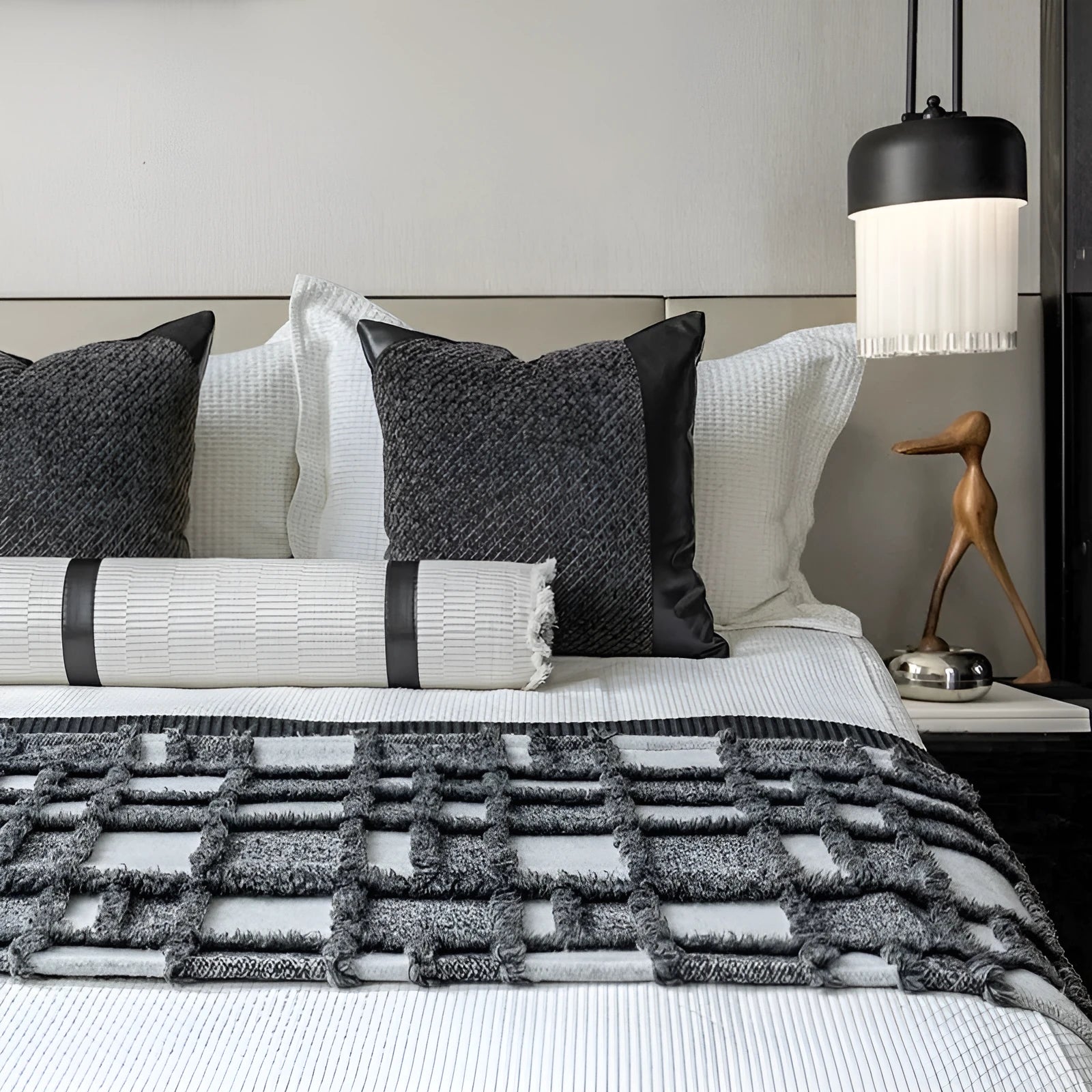 Modern minimalist grey and white plaid bed runner blanket set with pillow on bed