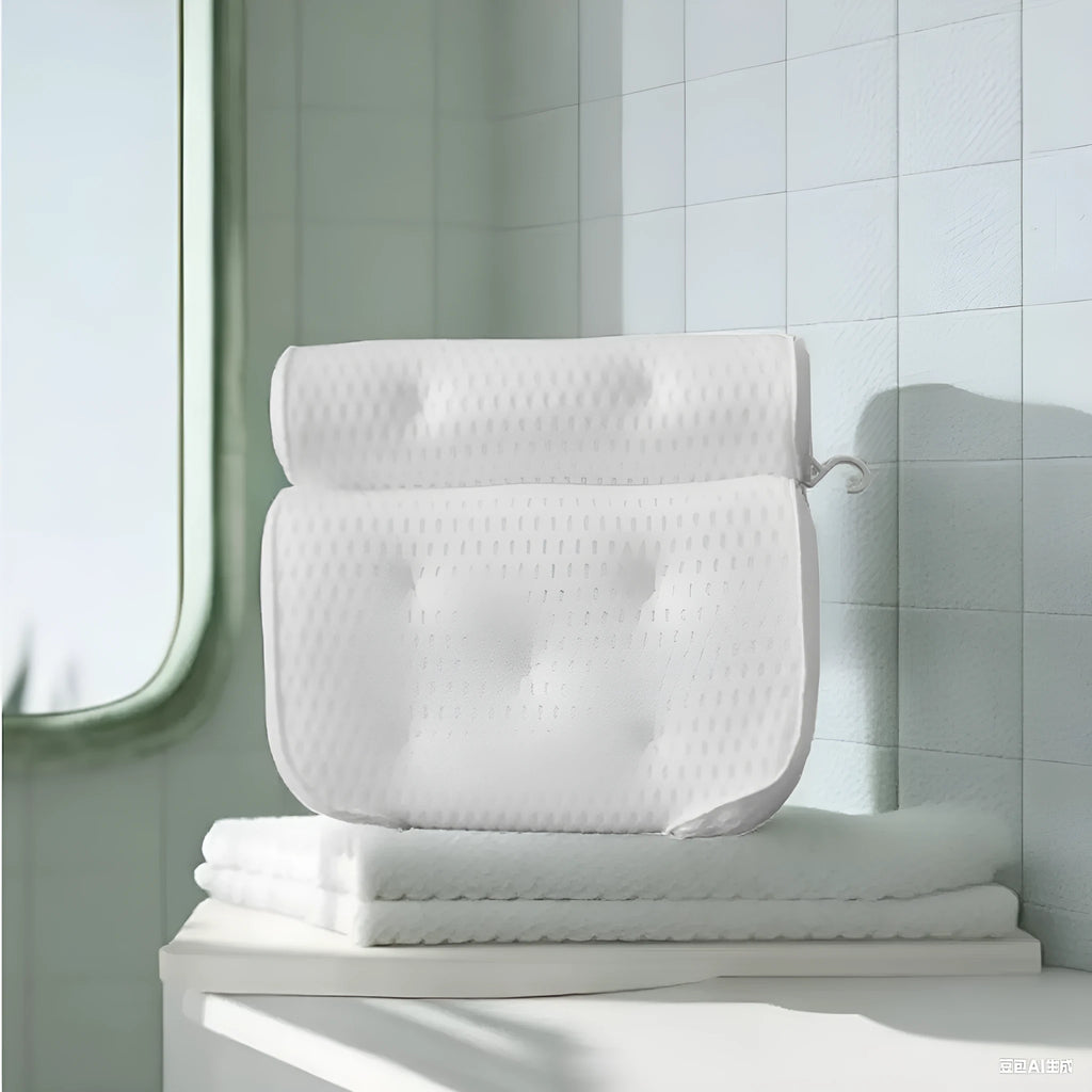 White bathtub pillow with 4D mesh surface and 7 suction cups on back