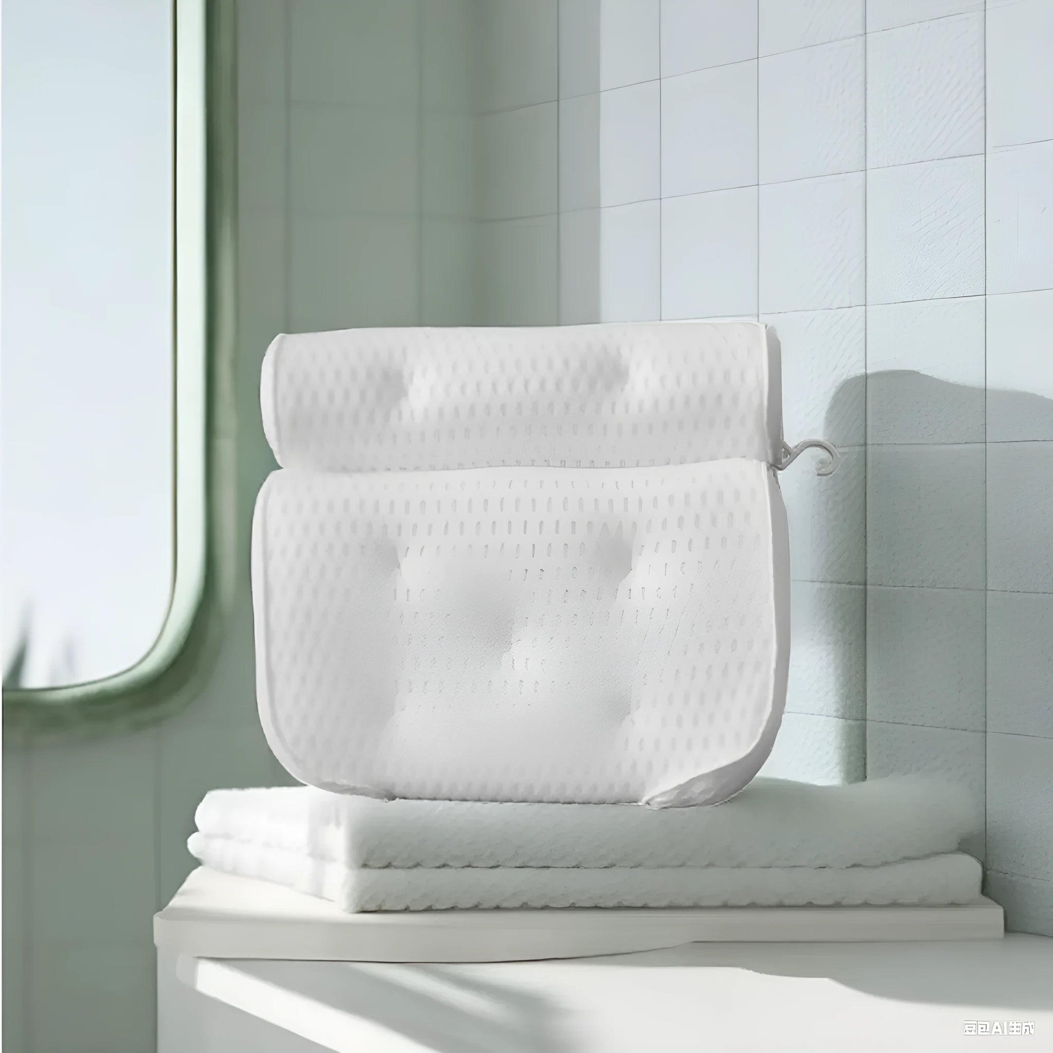White bathtub pillow with 4D mesh surface and 7 suction cups on back