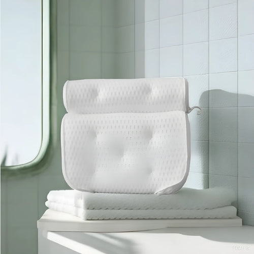 White bathtub pillow with 4D mesh surface and 7 suction cups on back