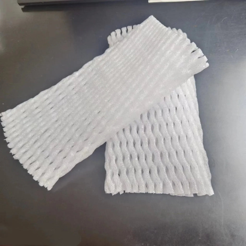 White foam shockproof protective net cover for fruit, shown in various sizes.
