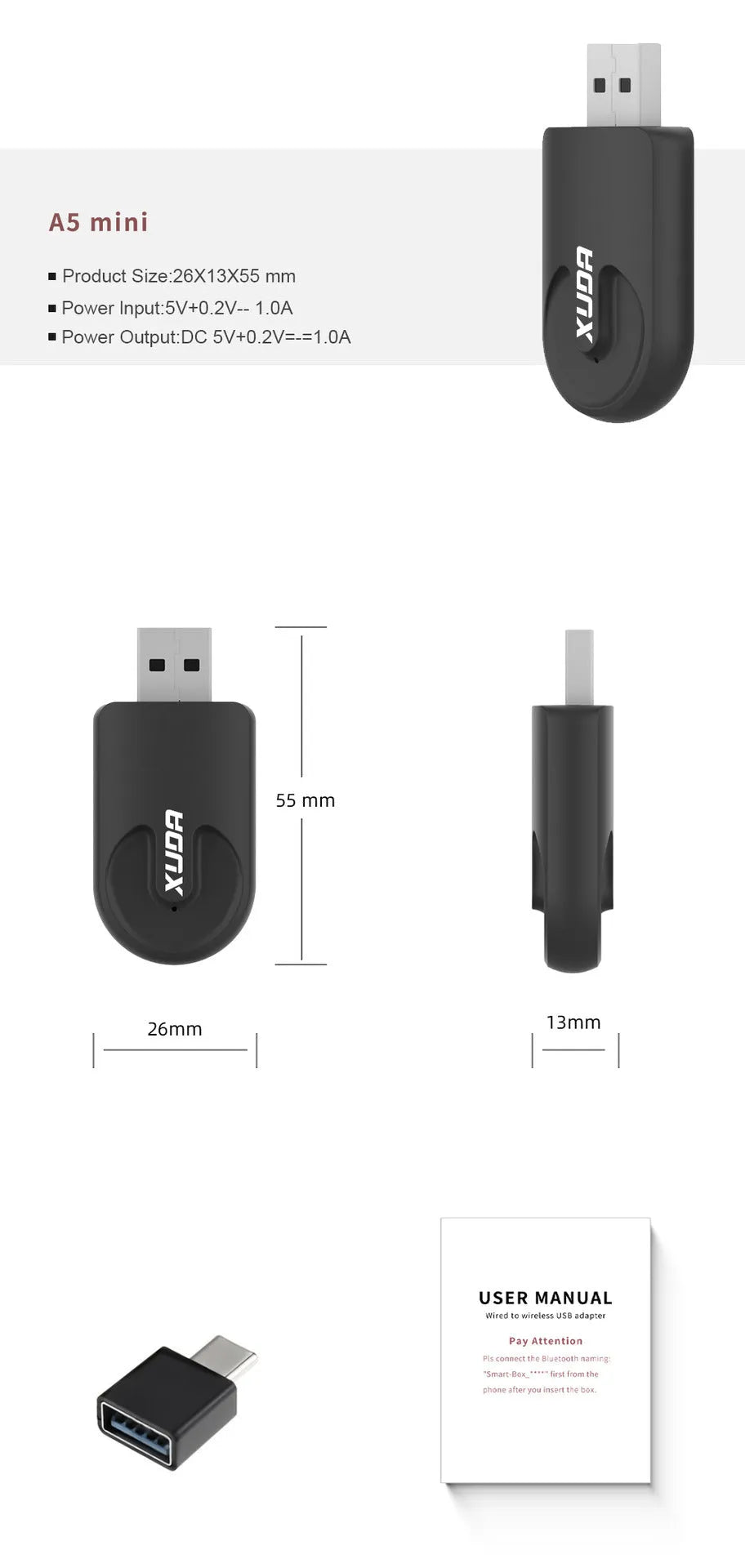 Black mini CarPlay USB wireless interface adapter measuring 26mm by 55mm by 13mm