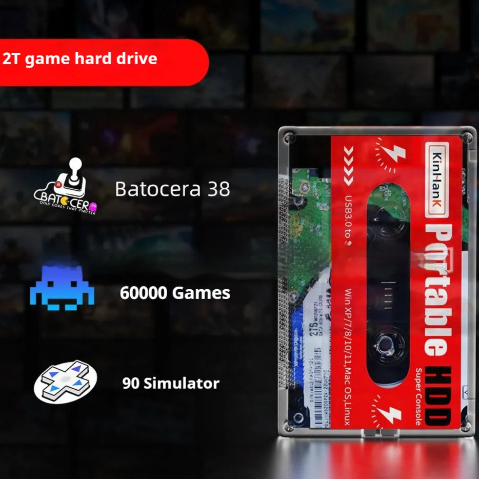 2TB external mechanical hard drive with USB cable, optional beitong controller, and buggy bag carrying case.