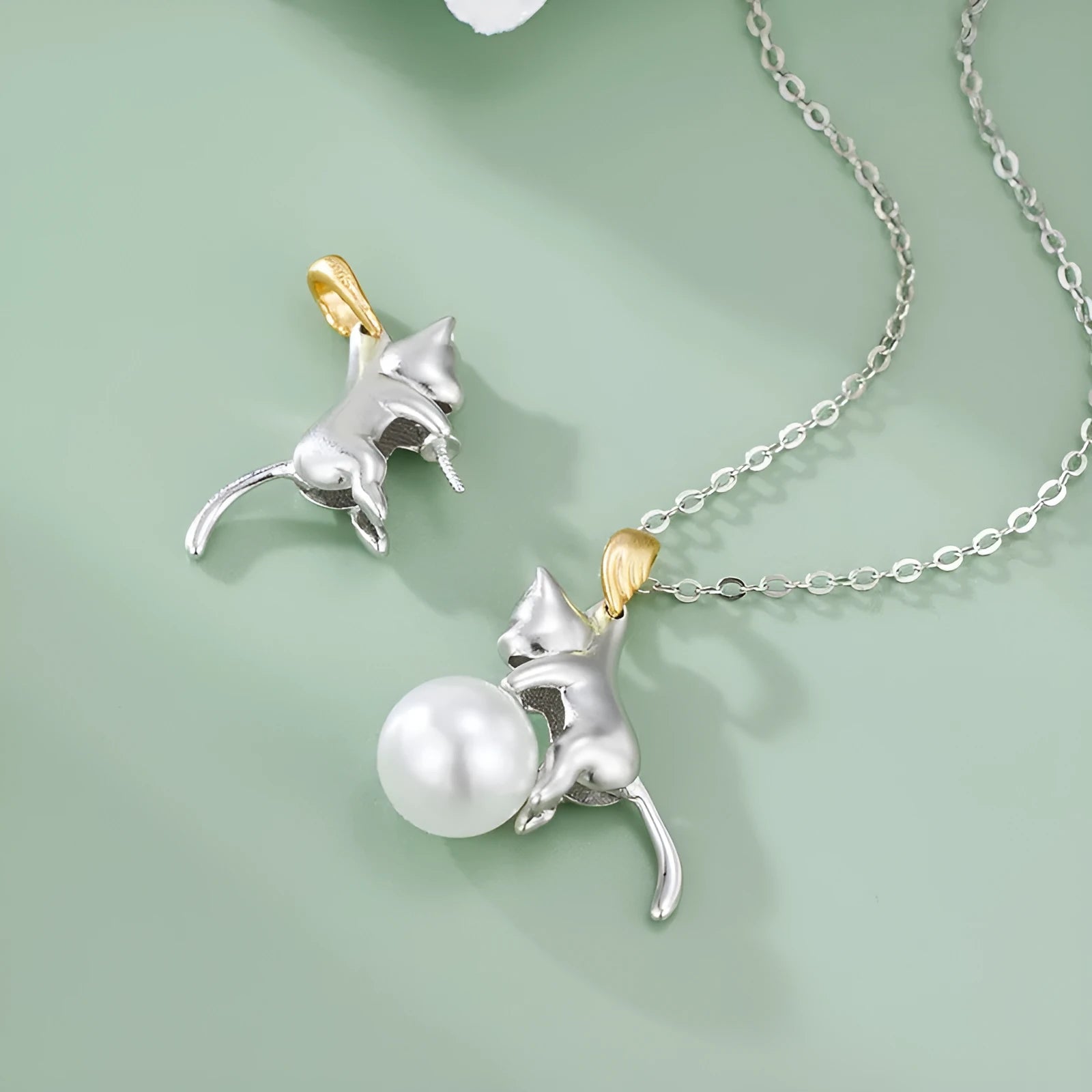 925 sterling silver clavicle chain necklace with cat motif and electroplated finish