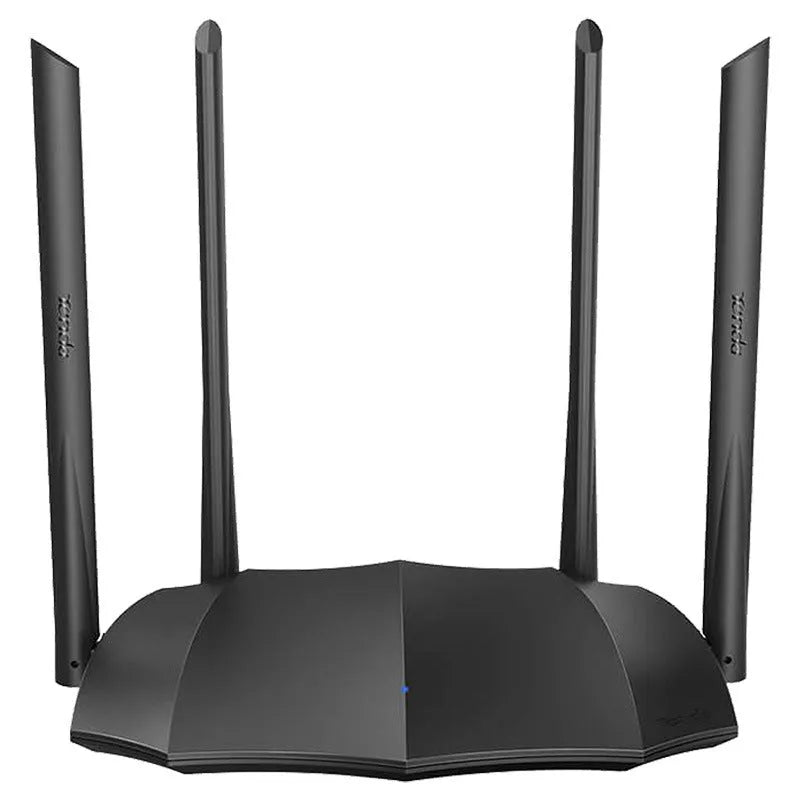 Dual-band wireless router with multiple antennas and gigabit Ethernet ports on the rear panel.