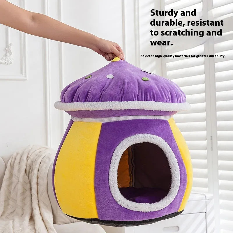 Grey plush mushroom-shaped cat nest with a detachable blanket, shown alongside pink and purple colour options.