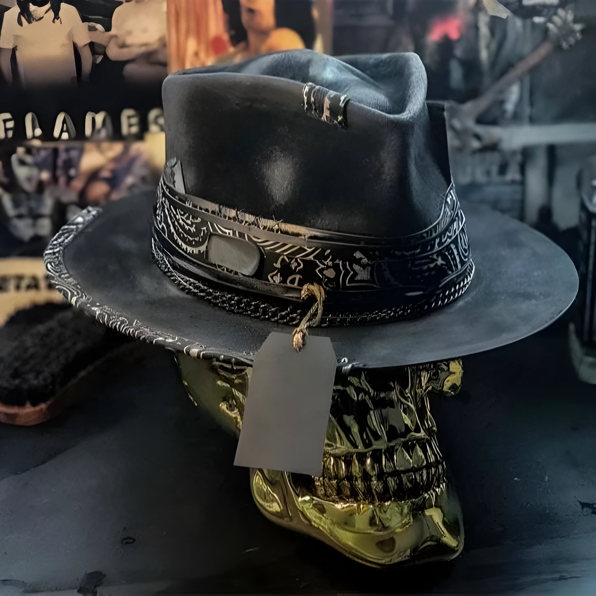 Handmade wool felt denim skull hat with a black conical crown on a white background.