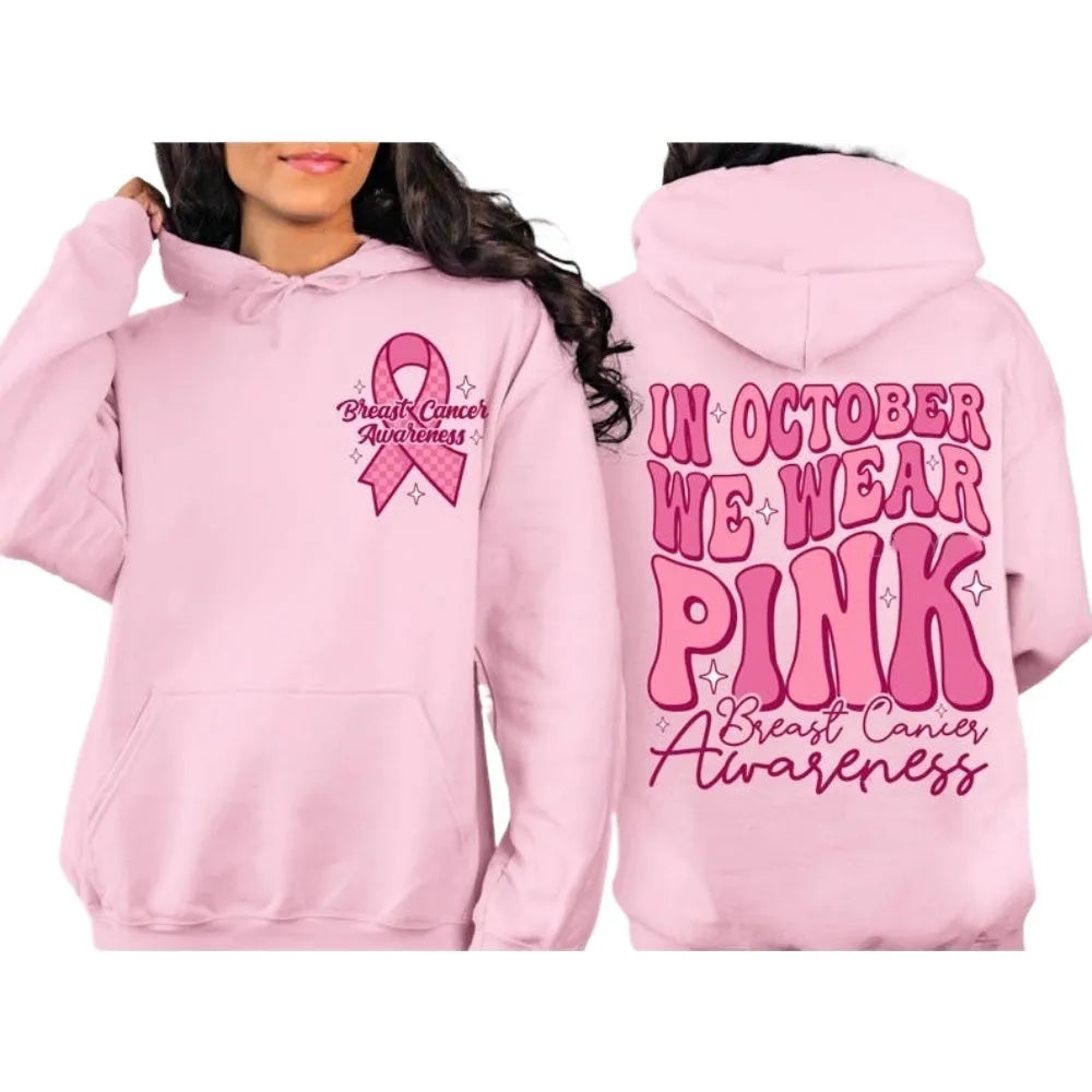 Breast cancer awareness hoodie with retro art pattern and side seam pockets in pink colour.